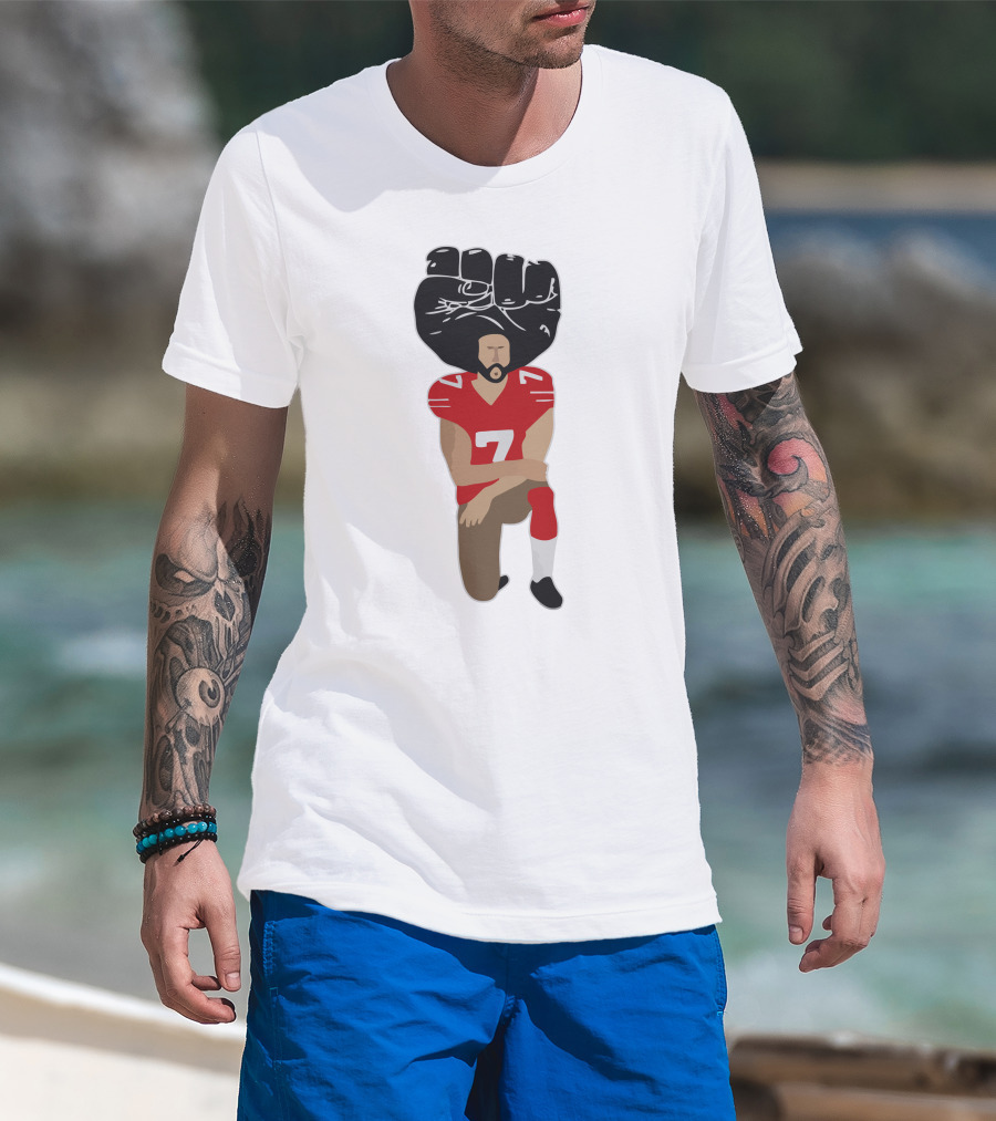 Colin Kaepernick Kneeling With Raised Fist And Red Football Jersey Number 7 T-Shirt