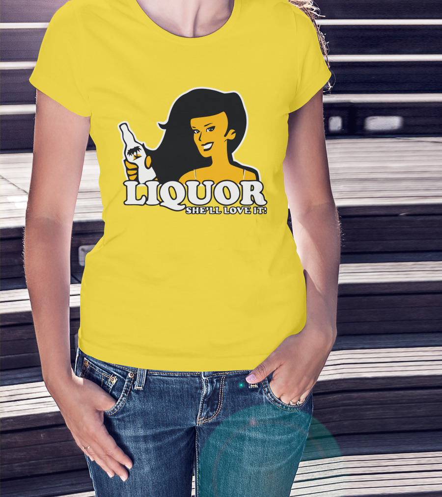 Liquor She'll Love It Retro Pin-Up Style Woman Holding Bottle T-Shirt