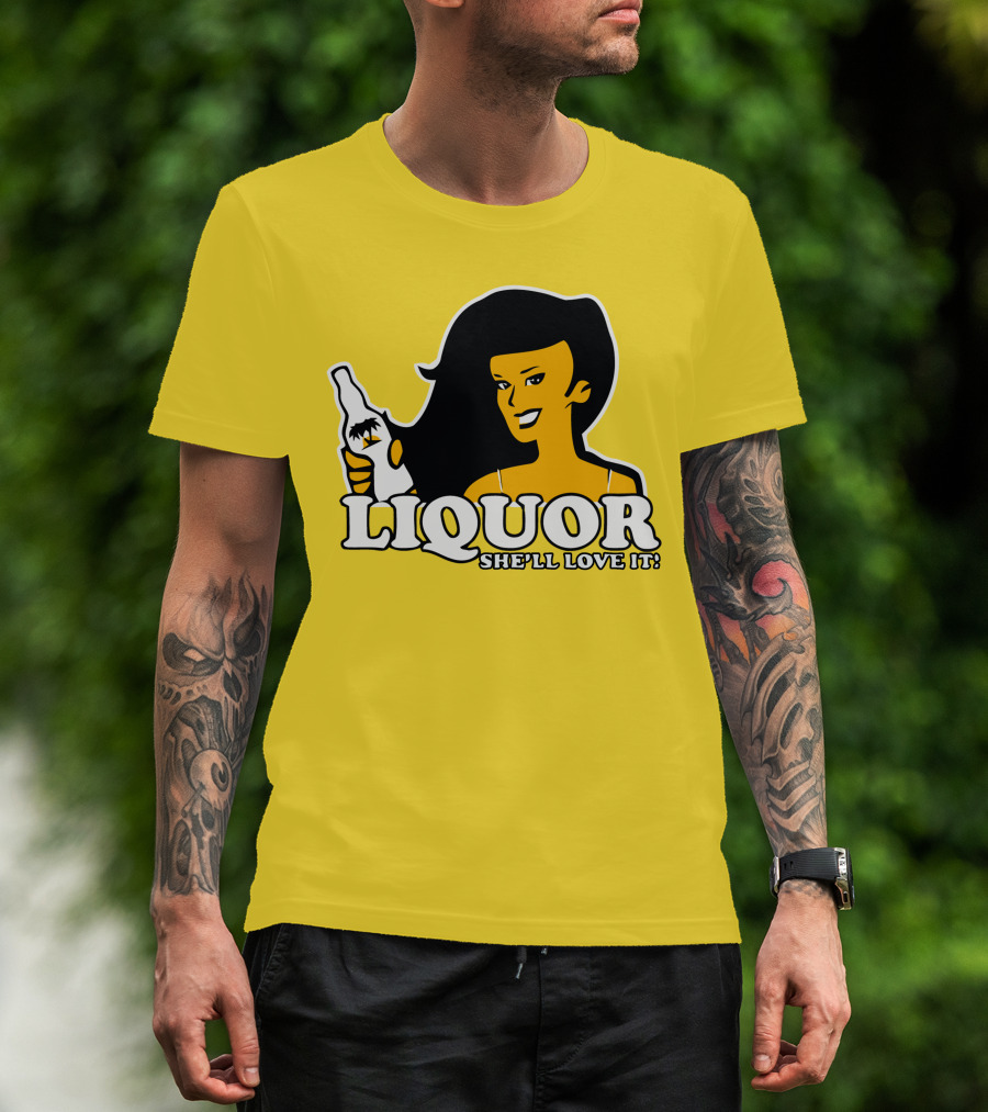 Liquor She'll Love It Retro Pin-Up Style Woman Holding Bottle T-Shirt