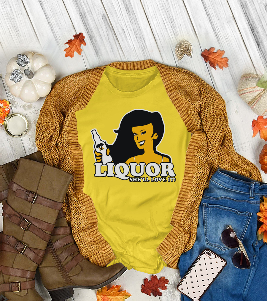Liquor She'll Love It Retro Pin-Up Style Woman Holding Bottle T-Shirt