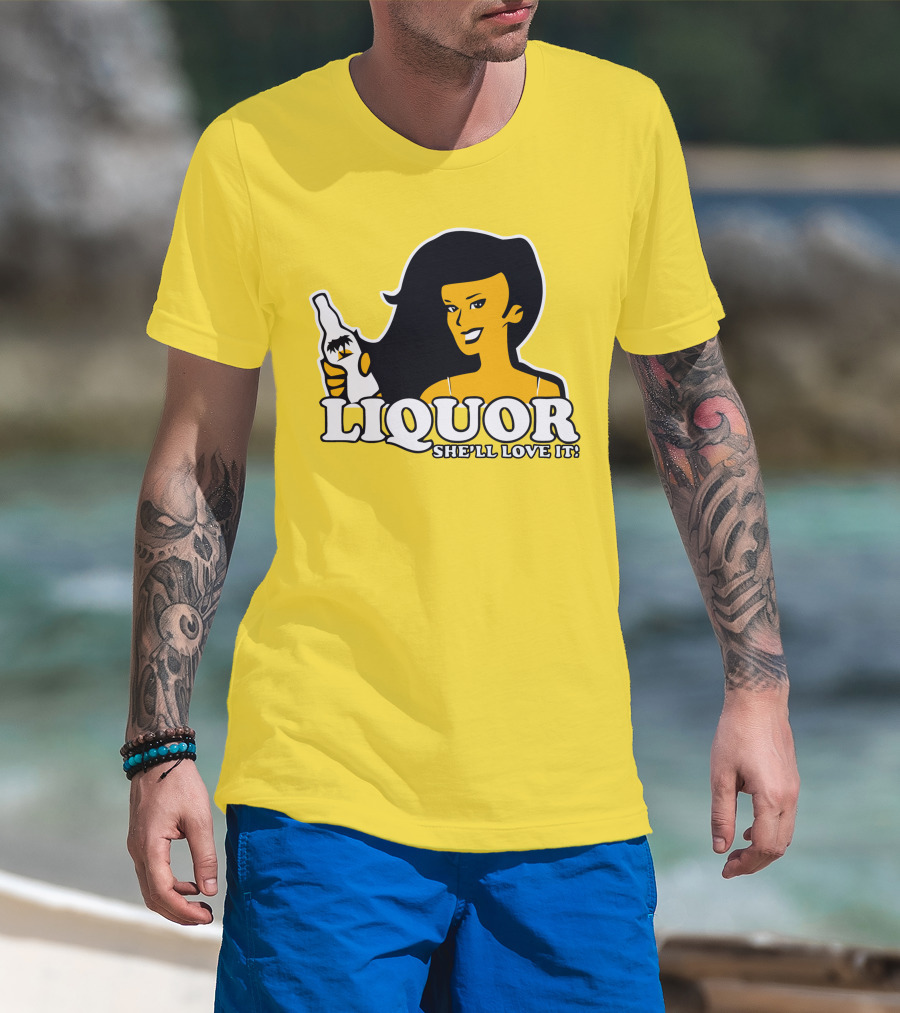 Liquor She'll Love It Retro Pin-Up Style Woman Holding Bottle T-Shirt