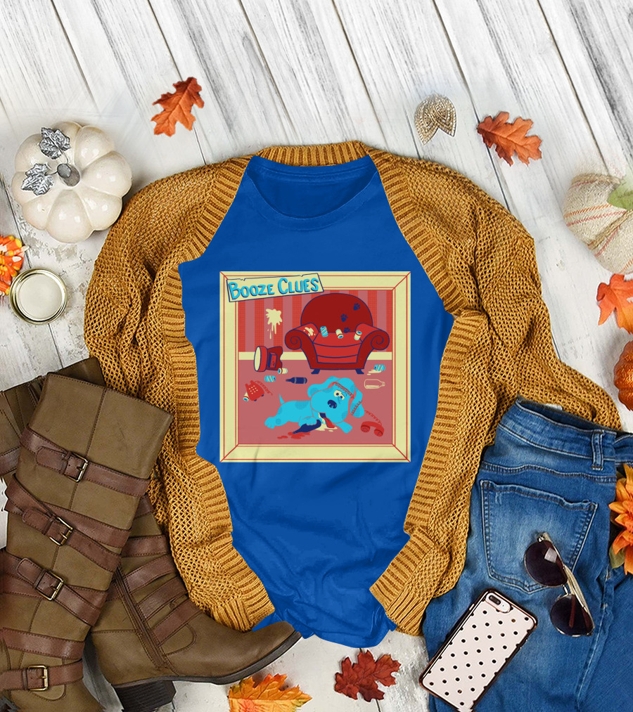 Booze Clues Blue Dog Party Mess with Cans and Couch T-Shirt