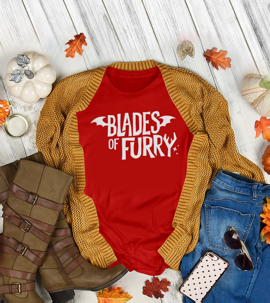 Blades of Furry Text with Bat Wings and Stars T-Shirt
