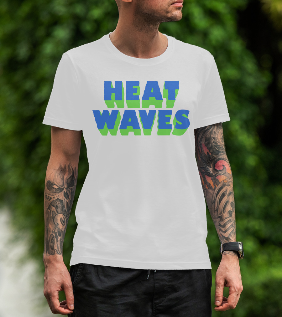 HEAT WAVES Bold 3D Text Design In Blue And Green T-Shirt