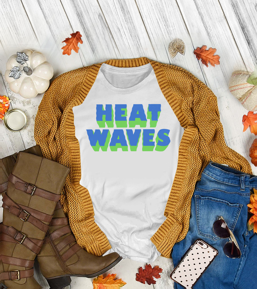 HEAT WAVES Bold 3D Text Design in Blue and Green T-Shirt