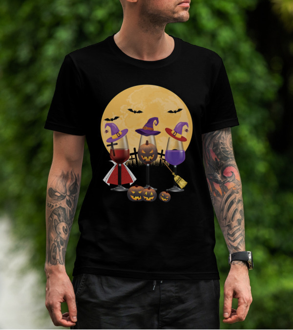 Halloween Wine Lovers Witches With Jack-o'-Lanterns And Full Moon T-Shirt