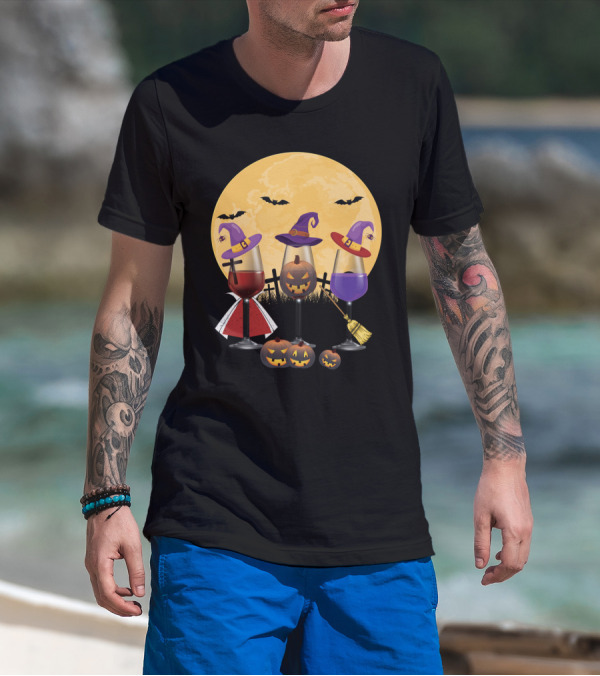 Halloween Wine Lovers Witches With Jack-o'-Lanterns And Full Moon T-Shirt