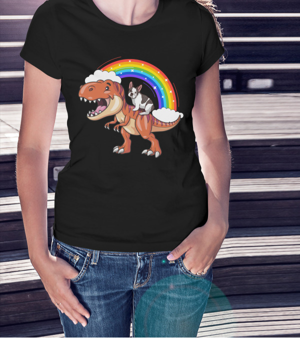 French Bulldog Riding Dinosaur With Rainbow And Clouds T-Shirt