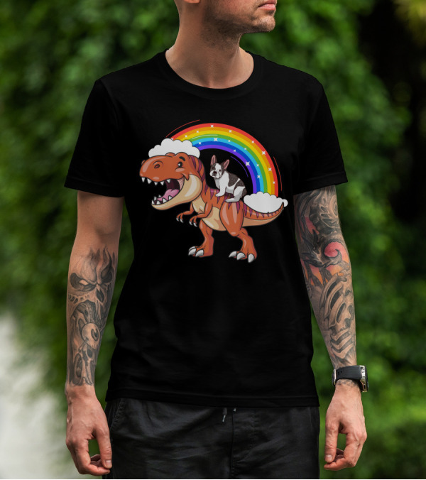 French Bulldog Riding Dinosaur With Rainbow And Clouds T-Shirt