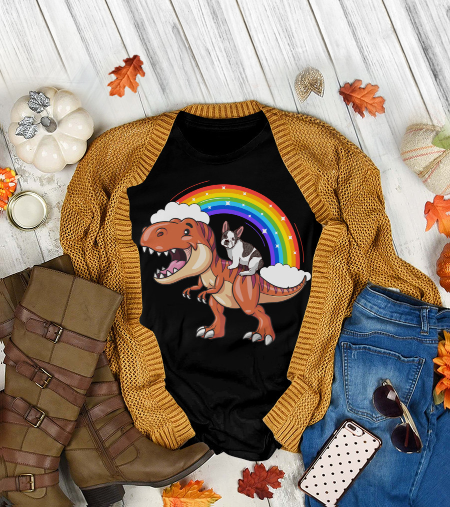 French Bulldog Riding Dinosaur with Rainbow and Clouds T-Shirt