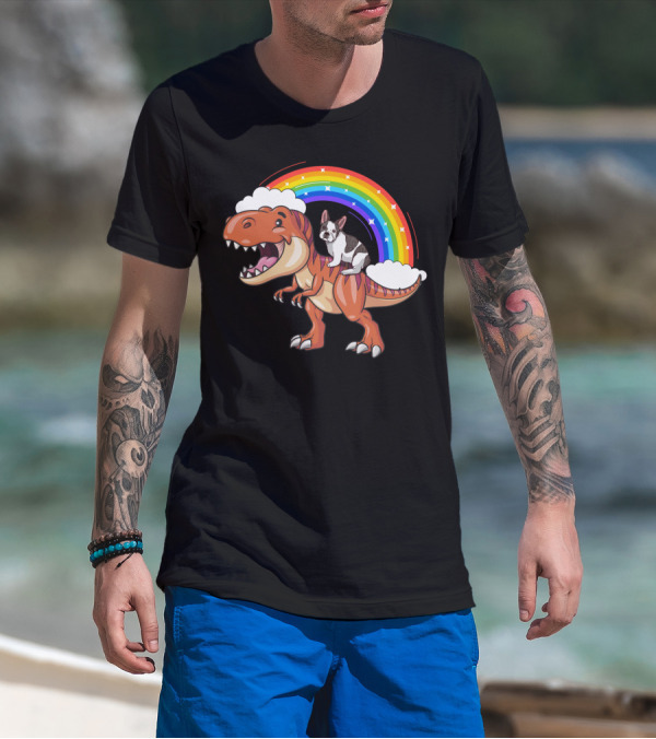 French Bulldog Riding Dinosaur With Rainbow And Clouds T-Shirt