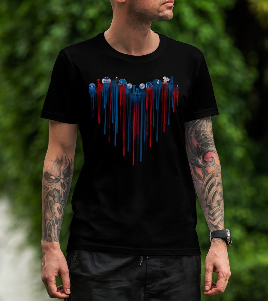 Dodgers Heart Baseball Symbols Blue Red Drips T-Shirt