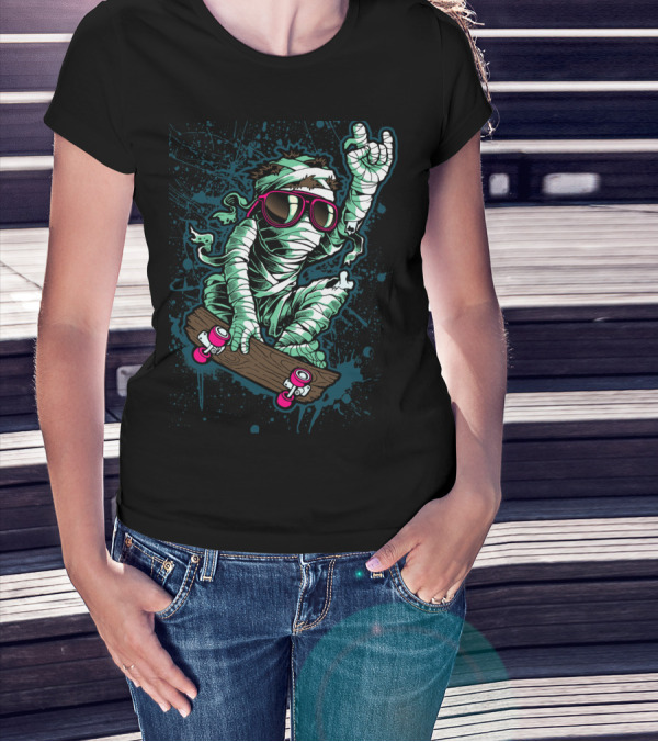 Return Mummy Skateboarding With Sunglasses Rock Hand Gesture T-Shirt