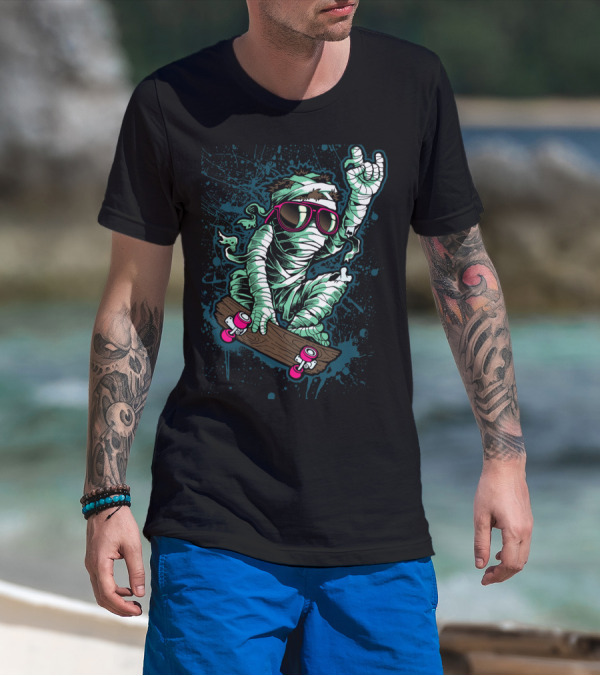 Return Mummy Skateboarding With Sunglasses Rock Hand Gesture T-Shirt