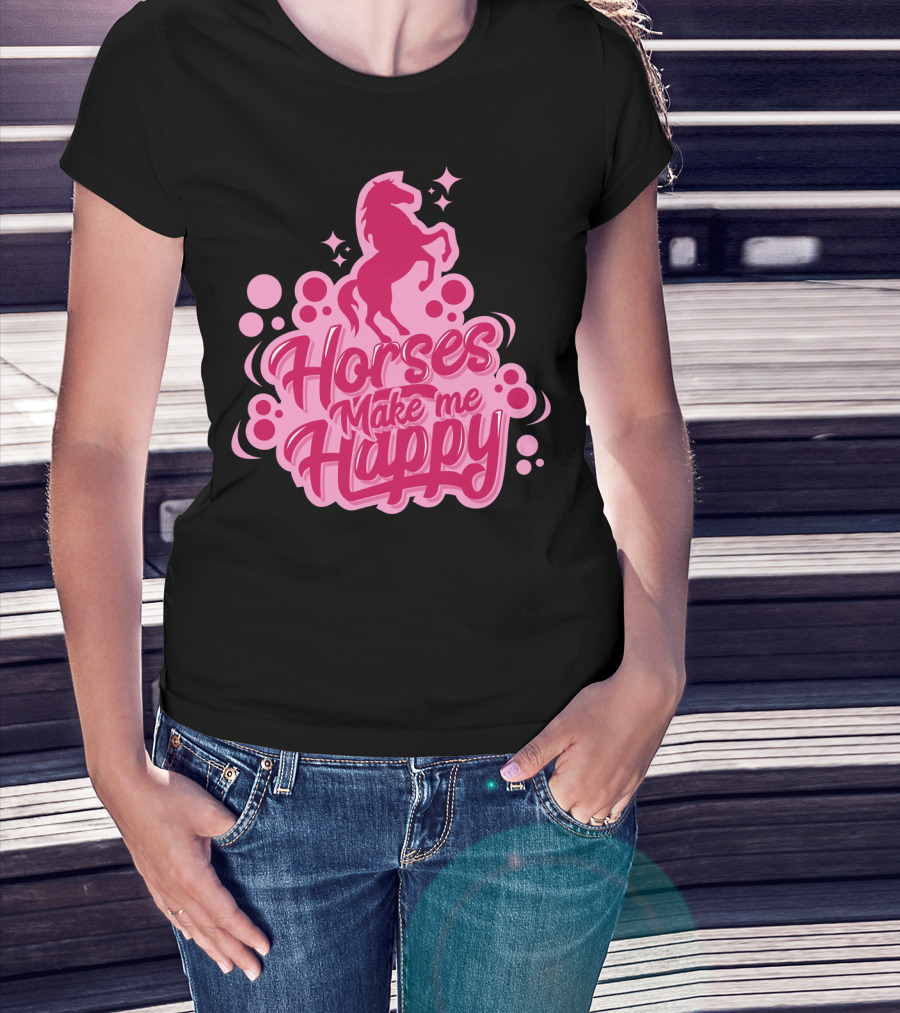 Horses Make Me Happy Pink Horse Silhouette With Stars And Circles T-Shirt