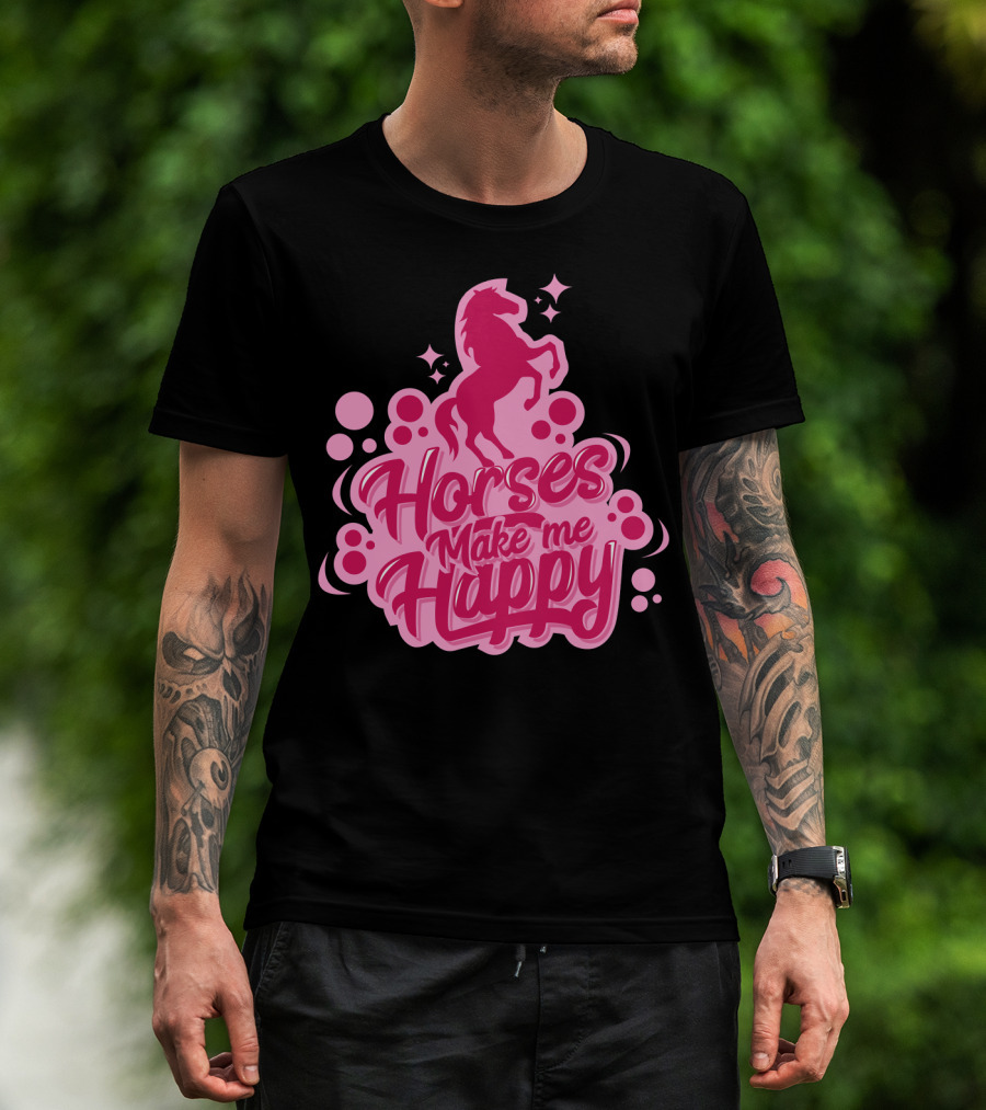 Horses Make Me Happy Pink Horse Silhouette With Stars And Circles T-Shirt