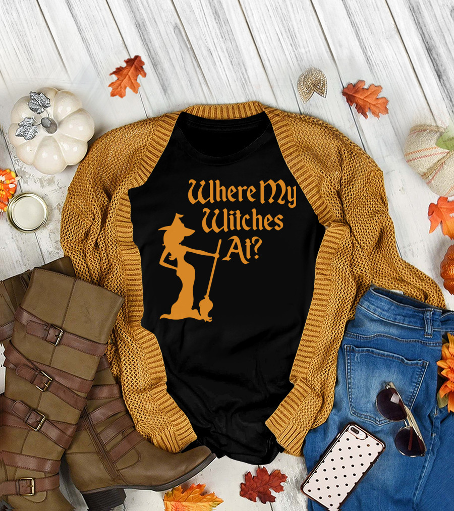 Where My Witches At Fitted Halloween Witch T-Shirt