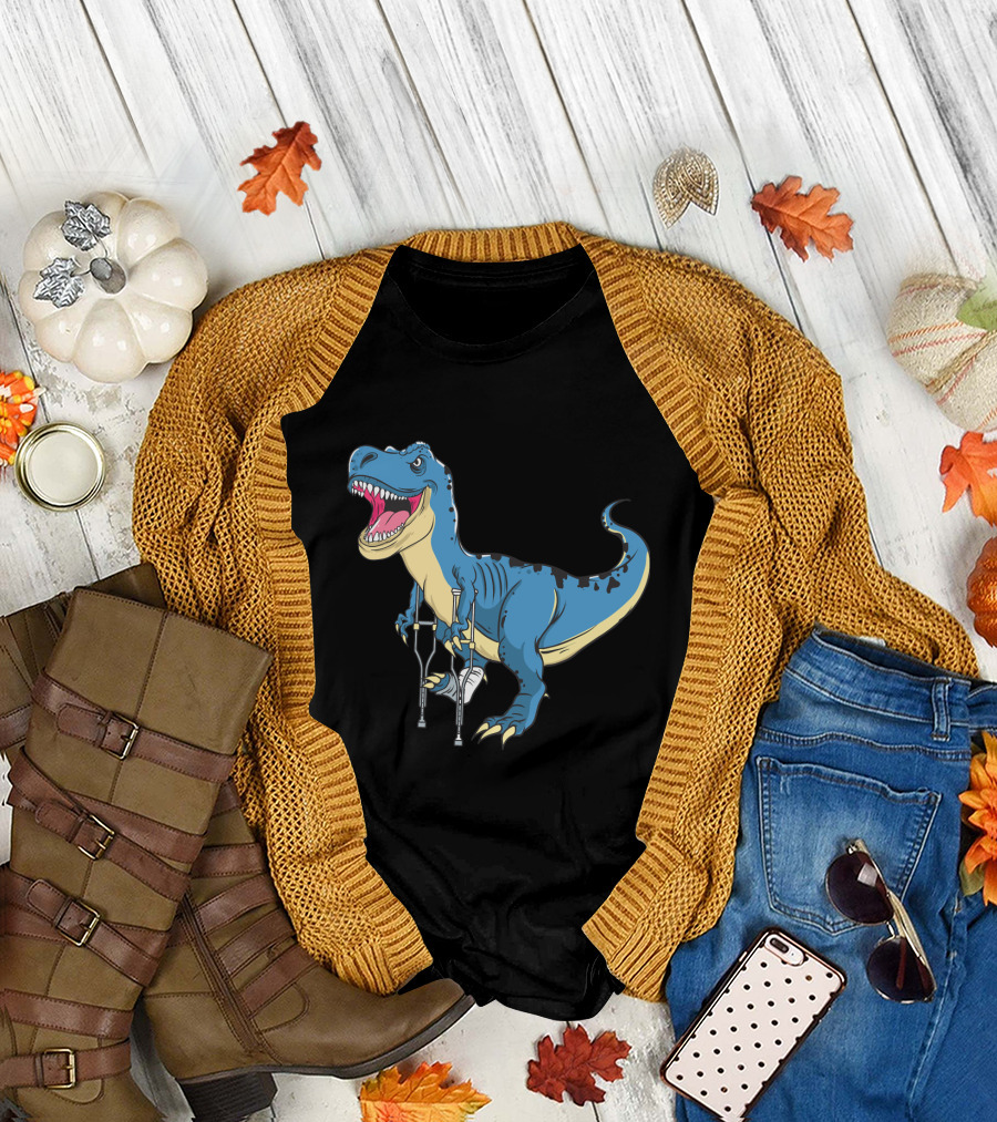 Broken Leg Dinosaur Awww Snap Funny Rex with Crutches T-Shirt