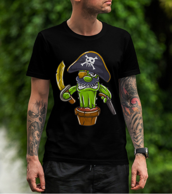 Cactus Pirate Jolly Roger Skull Spooky Pot Sword Eyepatch T-Shirt