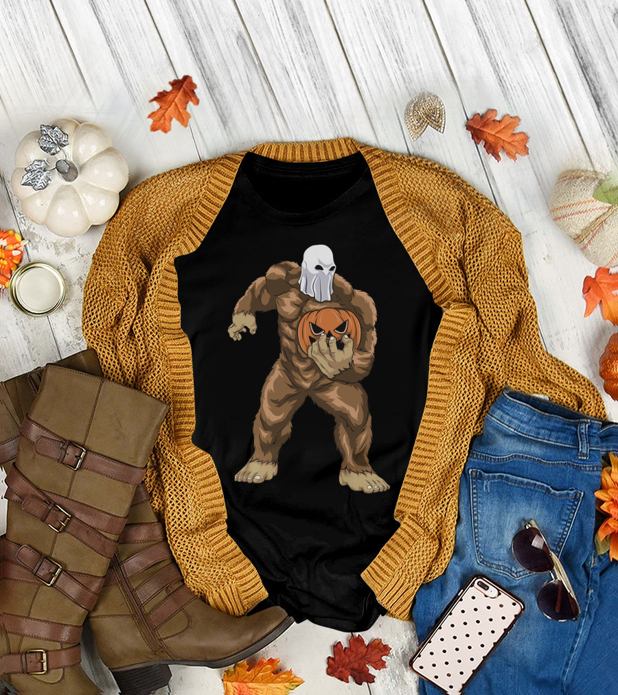 Ghost Bigfoot Sasquatch with Jack O' Lantern Head T-Shirt
