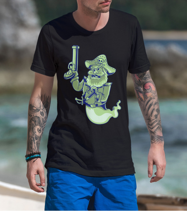 Ghost Pirate Jolly Roger Skull With Sword And Gun Spooky Specter T-Shirt
