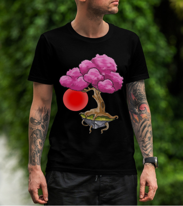 Floating Japanese Cherry Blossom Sakura Tree With Red Sun Sphere T-Shirt