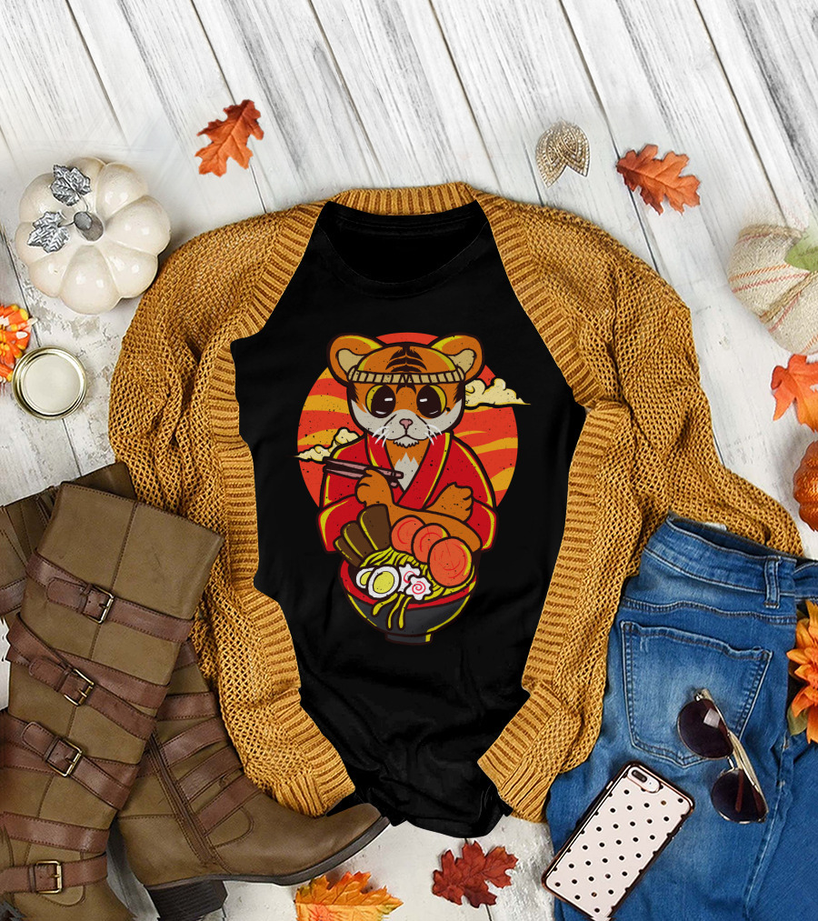 Kawaii Ramen Tiger in Kimono with Japanese Noodles and Sunset Background T-Shirt
