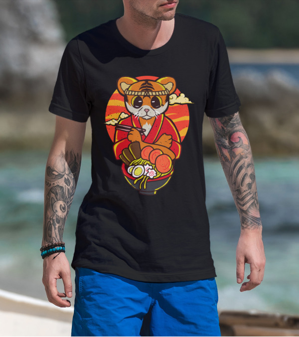 Kawaii Ramen Tiger In Kimono With Japanese Noodles And Sunset Background T-Shirt