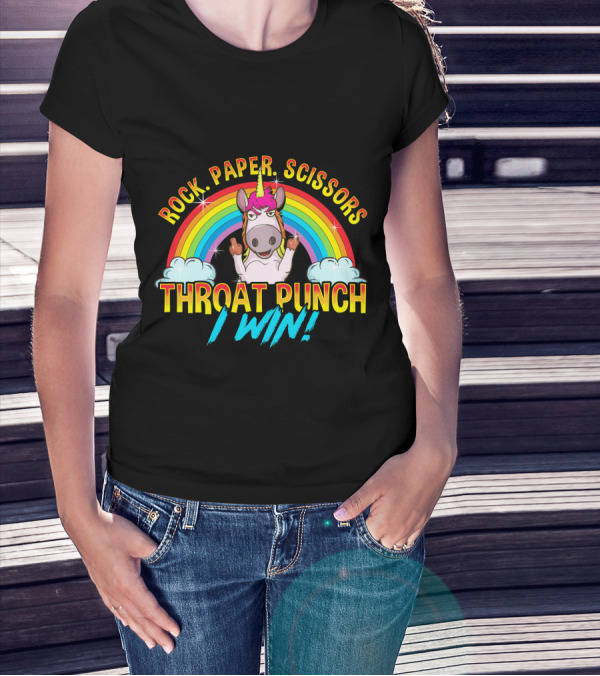 Rock Paper Scissors Throat Punch I Win Unicorn Rainbow T-Shirt