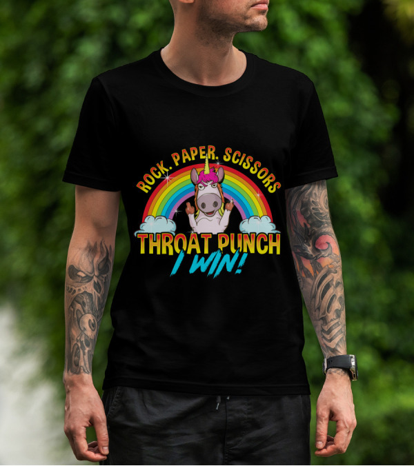 Rock Paper Scissors Throat Punch I Win Unicorn Rainbow T-Shirt