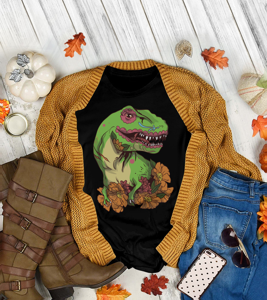 Sugar Skull Dinosaur Dia de Los Muertos with Vibrant Floral Accents T-Shirt