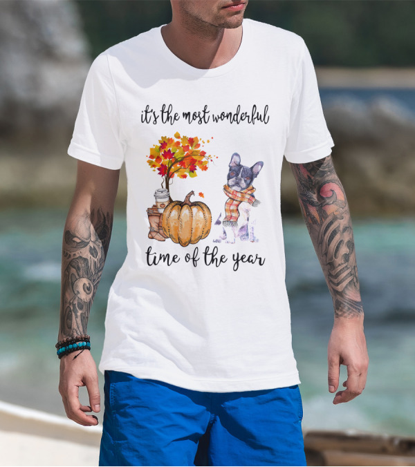 Its The Most Wonderful Time Of The Year Boston Terrier Autumn Pumpkin Leaves Coffee T-Shirt