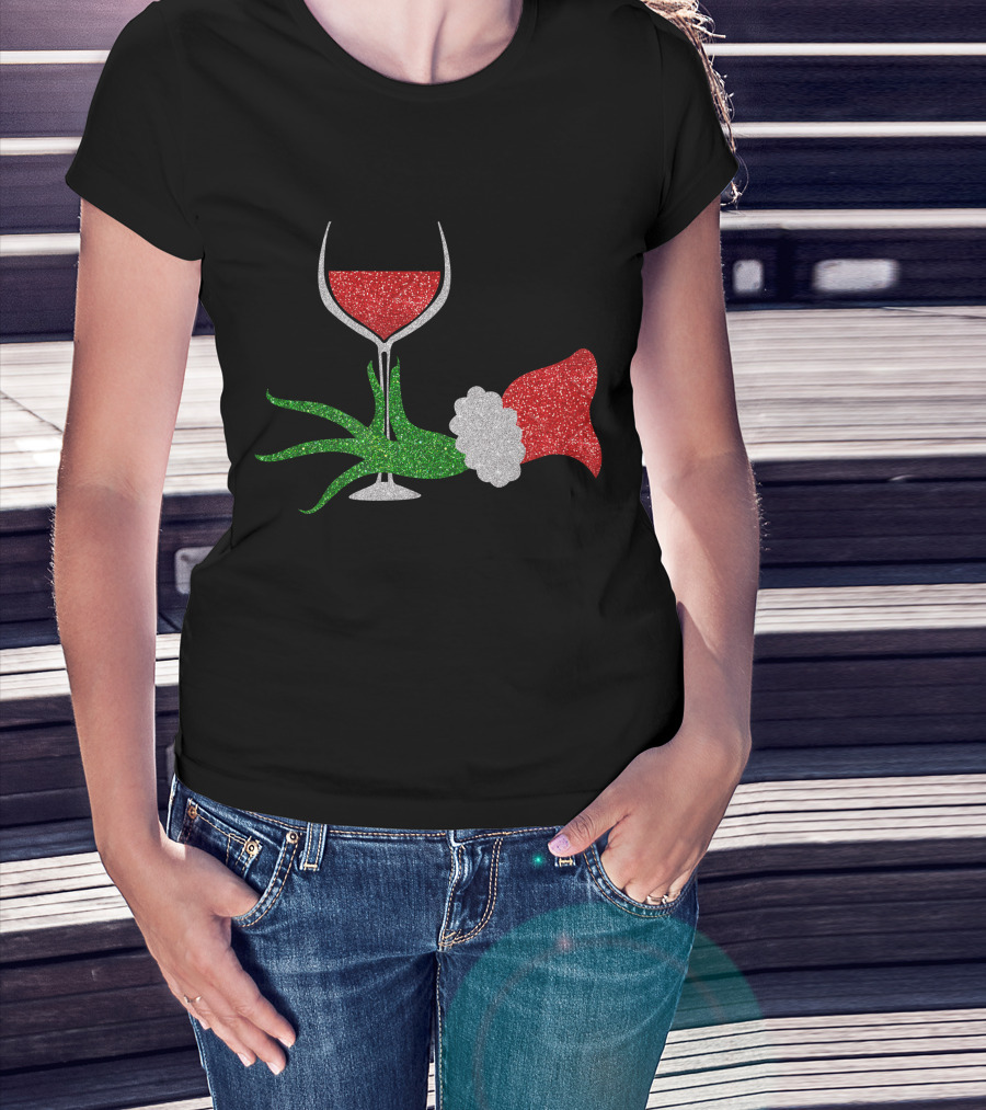Grinch Hand Santa Hat Wine Glass Red Green Sparkle T-Shirt