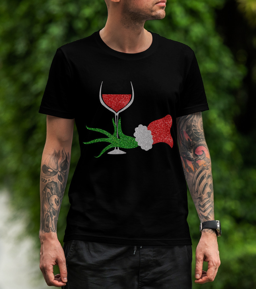 Grinch Hand Santa Hat Wine Glass Red Green Sparkle T-Shirt