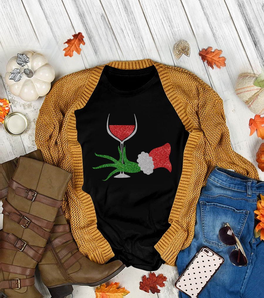 Grinch Hand Santa Hat Wine Glass Red Green Sparkle T-Shirt