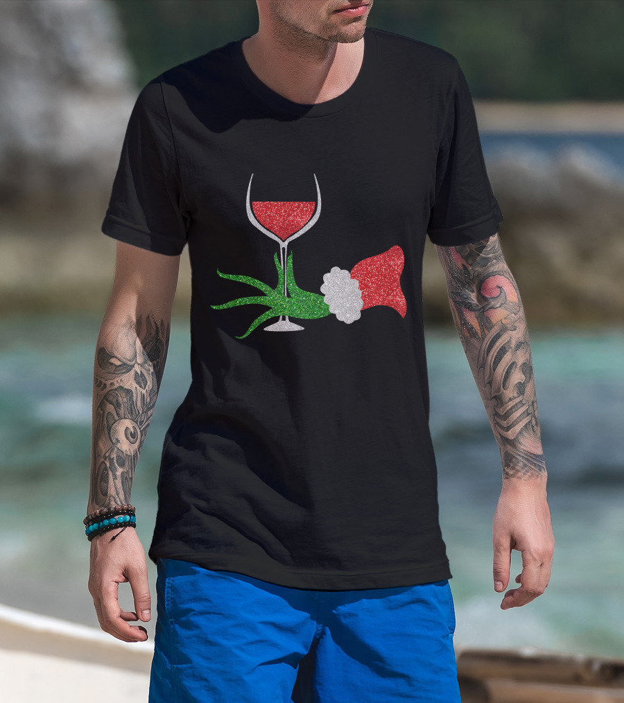 Grinch Hand Santa Hat Wine Glass Red Green Sparkle T-Shirt