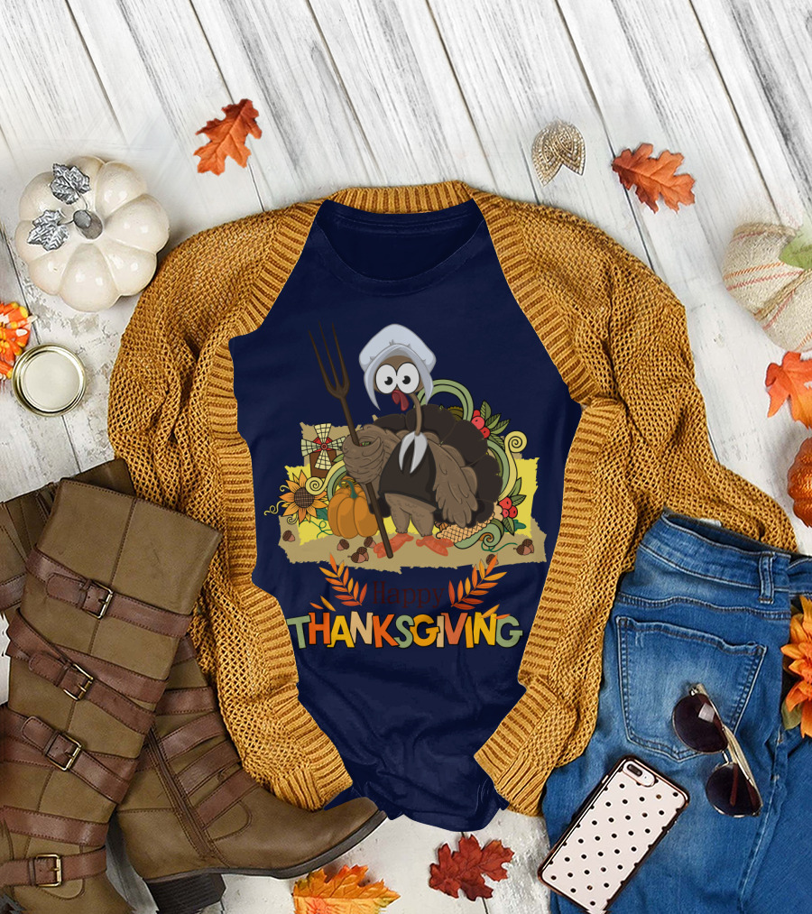 Happy Thanksgiving Turkey Holding Pitchfork Pumpkin Cornucopia Warm Colors T-Shirt