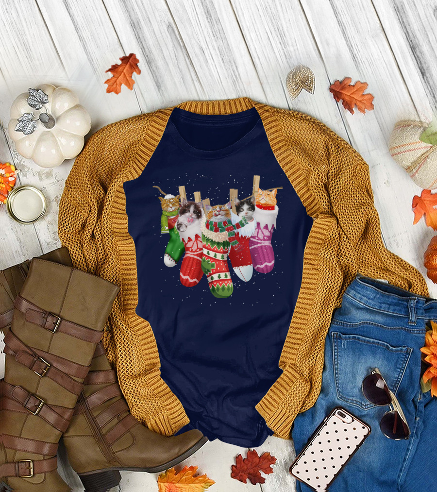 Christmas Cats Hanging in Stockings with Scarves T-Shirt