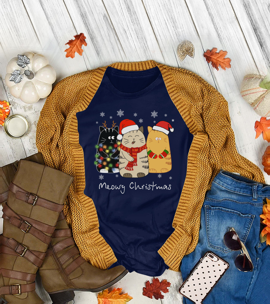 Meowy Christmas Cat Funny and Cool Holiday Cats with Santa Hats T-Shirt