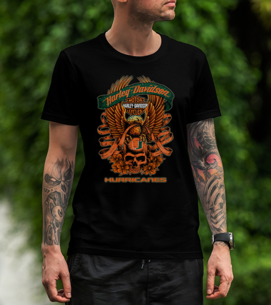 Harley Davidson Motor Cycles Miami Hurricanes Eagle Skull Ribbon Art T-Shirt