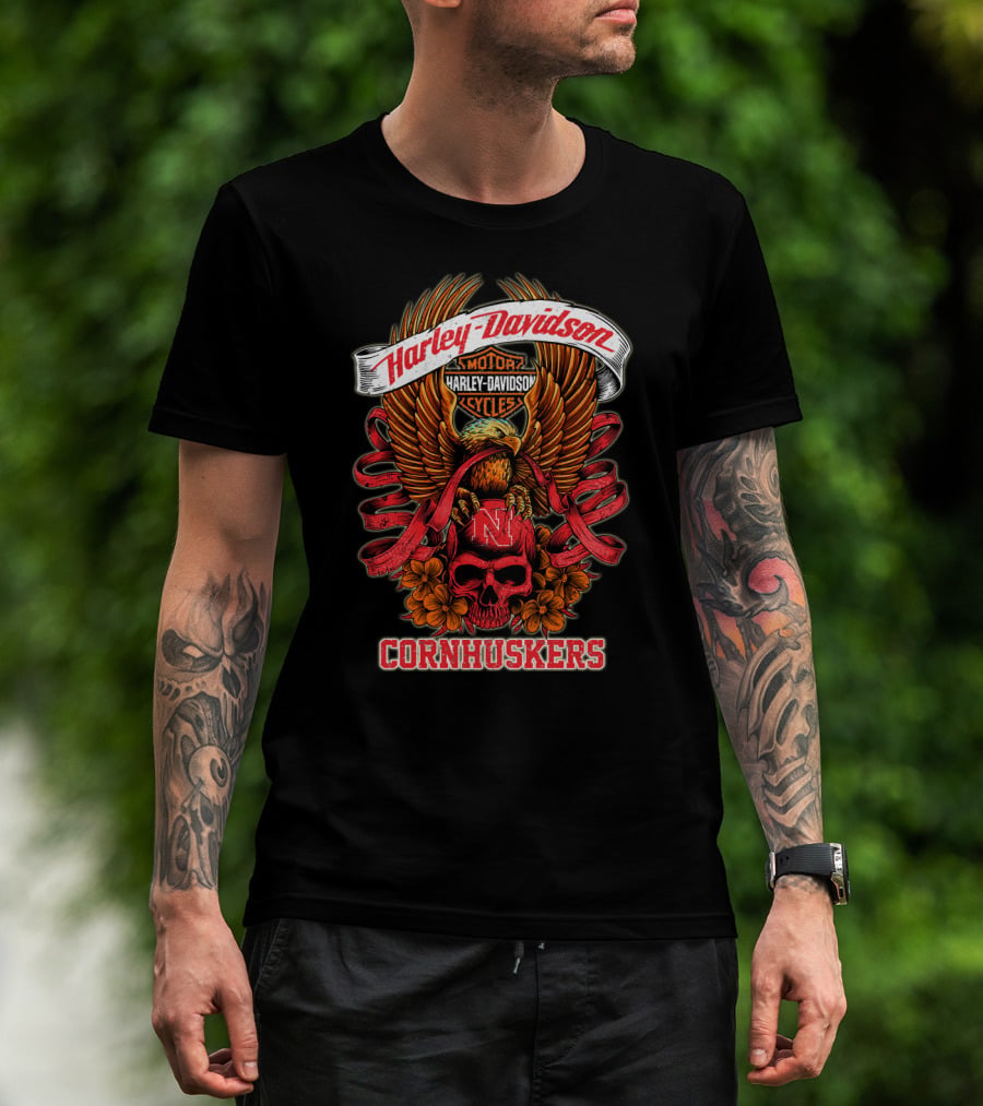 Harley Davidson Motor Cycles Nebraska Cornhuskers Eagle And Skull T-Shirt