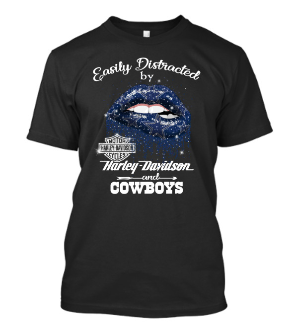 Easily Distracted By Harley Davidson And Cowboys Lips Stars T-Shirt