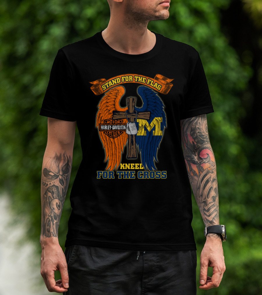 Stand For The Flag Kneel For The Cross Harley Davidson Michigan Wolverines T-Shirt