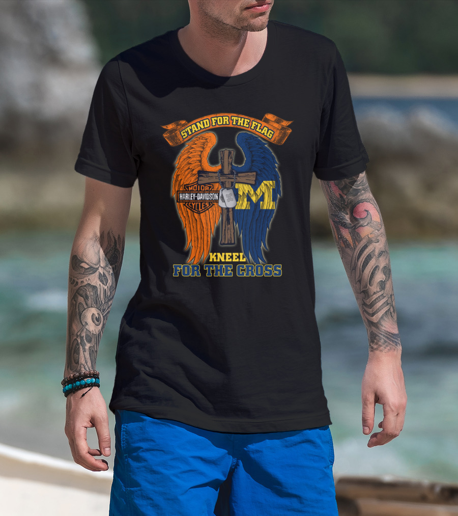 Stand For The Flag Kneel For The Cross Harley Davidson Michigan Wolverines T-Shirt