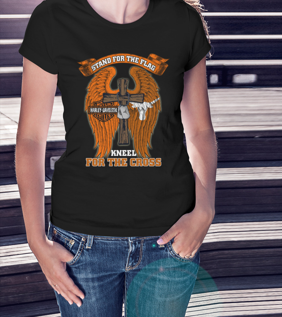 Stand For The Flag Kneel For The Cross Harley Davidson Wings Texas Longhorns T-Shirt