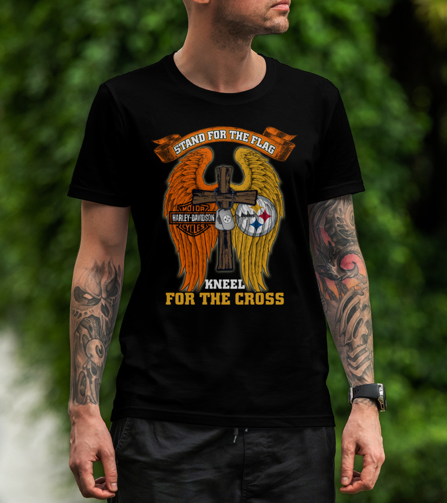 Stand For The Flag Kneel For The Cross Harley Davidson Pittsburgh Steelers Wings T-Shirt