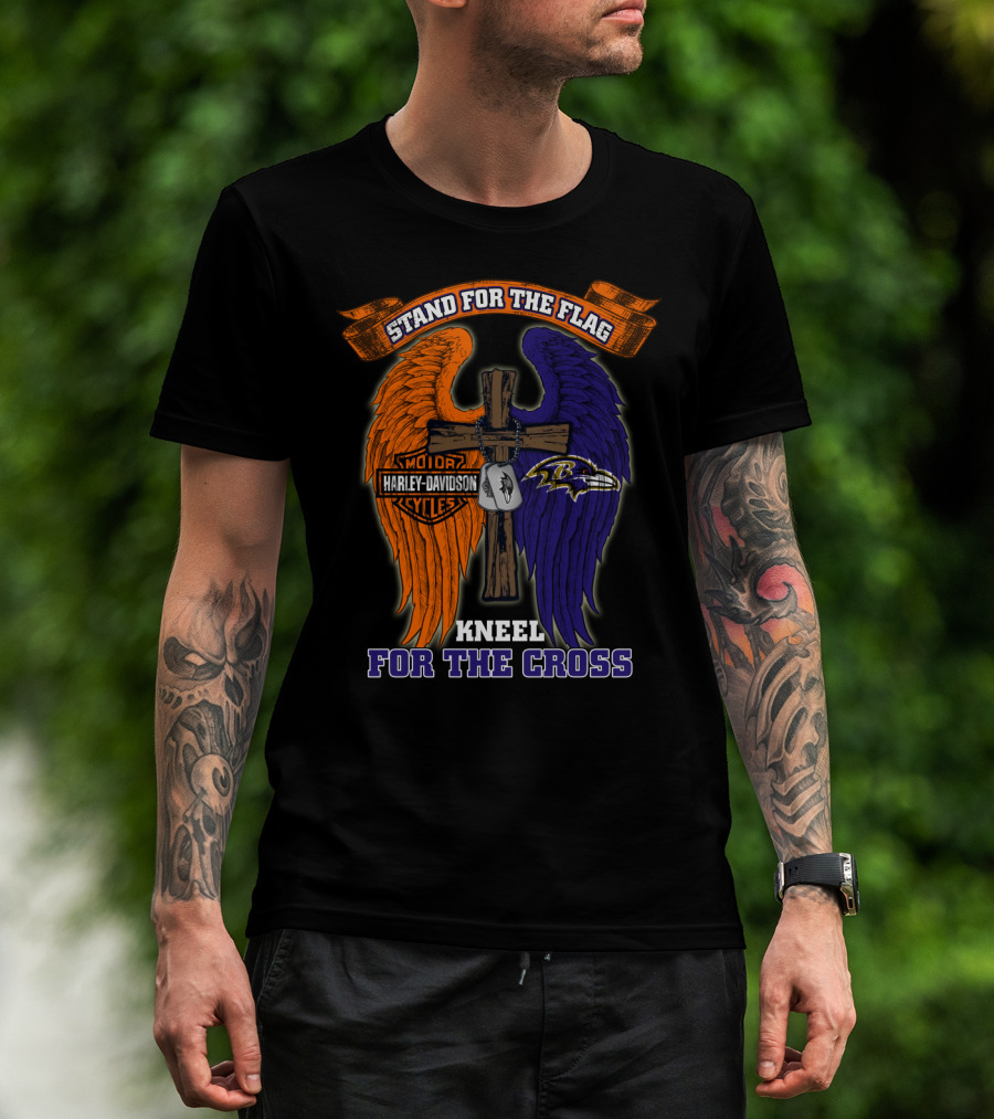 Stand For The Flag Kneel For The Cross Harley Davidson Motorcycles Baltimore Ravens T-Shirt