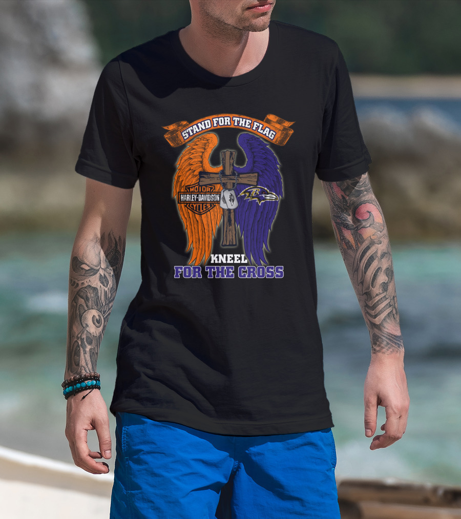 Stand For The Flag Kneel For The Cross Harley Davidson Motorcycles Baltimore Ravens T-Shirt