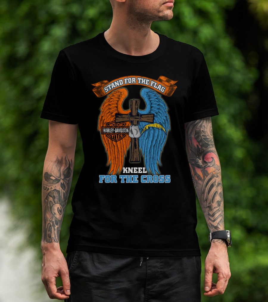 Stand For The Flag Kneel For The Cross Harley Davidson Los Angeles Chargers T-Shirt