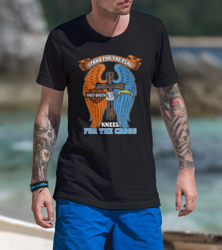 Stand For The Flag Kneel For The Cross Harley Davidson Los Angeles Chargers T-Shirt